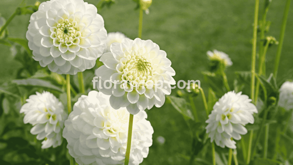 white dahlia flower in full bloom with soft petals against a green garden background
