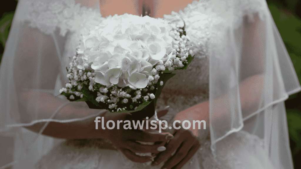 Bride holding a white hydrangea bridal bouquet with soft, cloud-like blooms and delicate greenery on her wedding day

