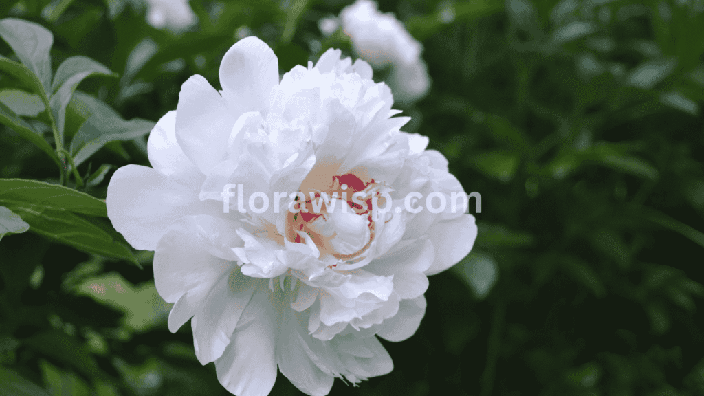White peony flower in full bloom with delicate layered petals and fresh green foliage in a spring garden.
 